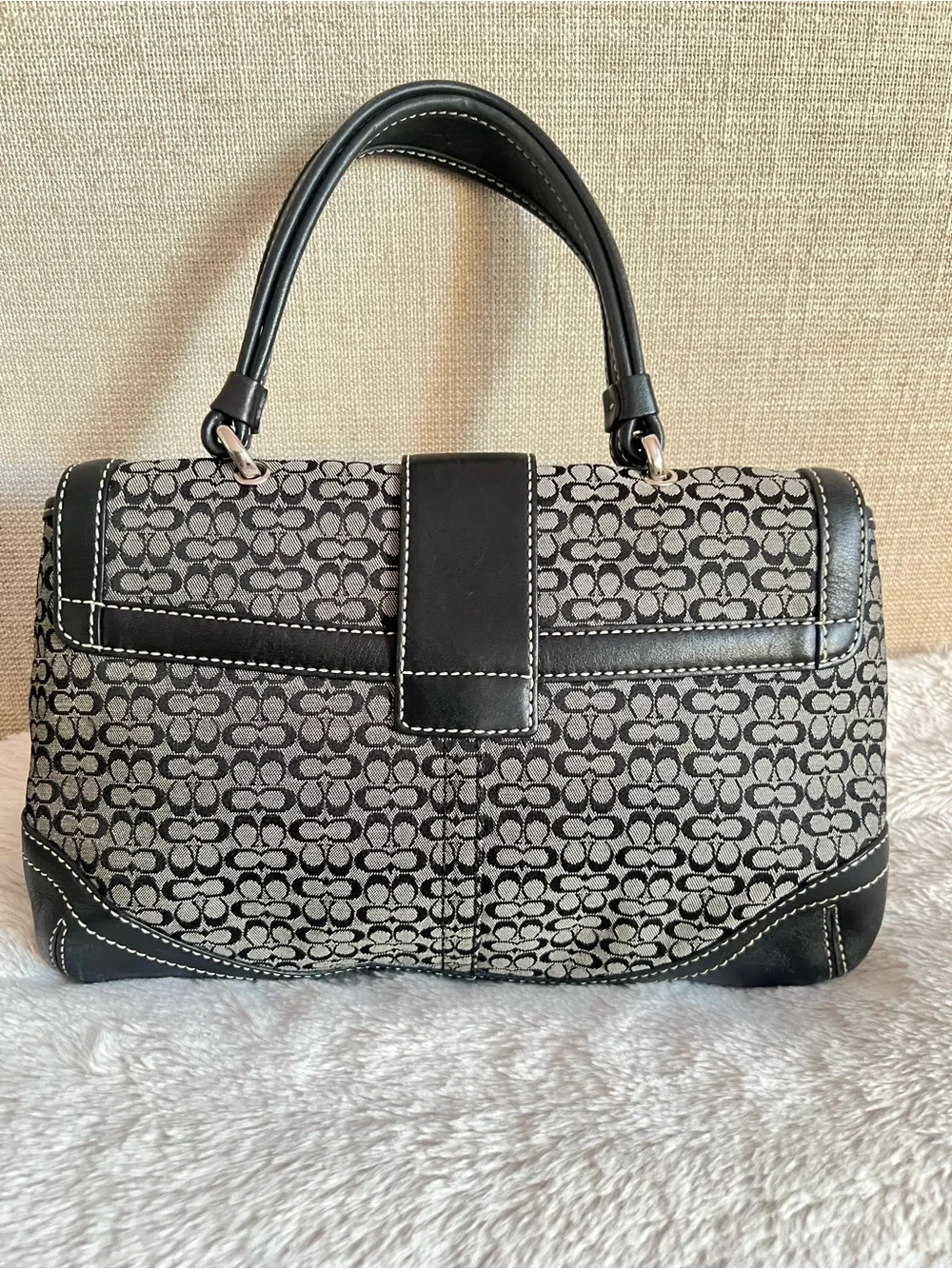 Coach Black and Gray Monogram Satchel with Buckle Accent